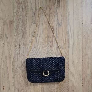 Rodo Black Woven Shoulder Bag Gold Chain Leather Interior for Women
